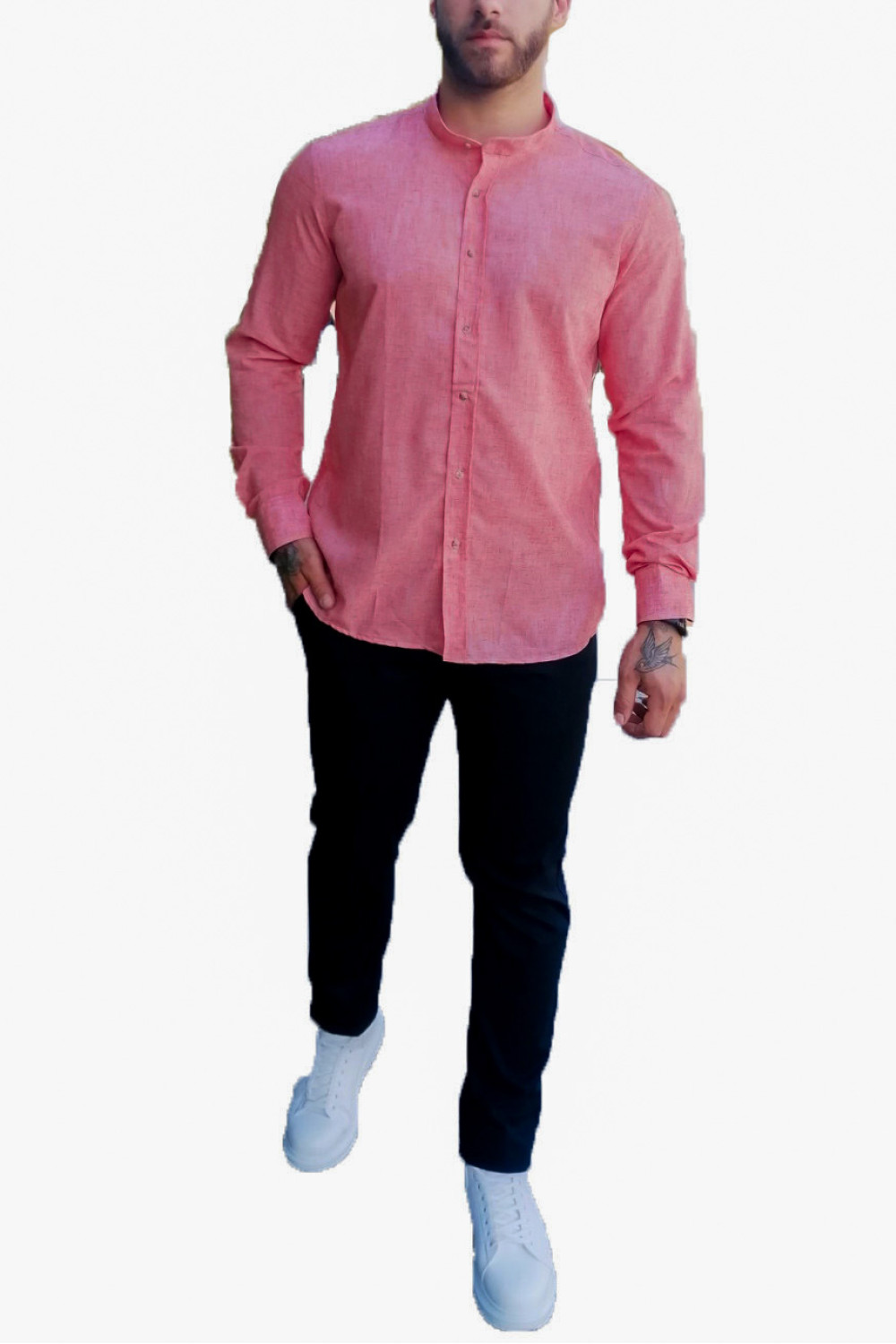 Ανδρικό σομόν λινό πουκάμισο με μάο γιακά 313024C