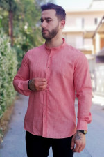 Ανδρικό σομόν λινό πουκάμισο με μάο γιακά 313024C