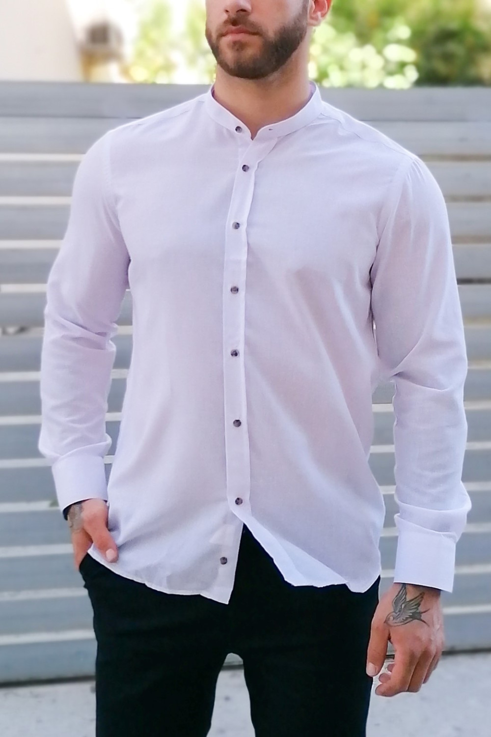 Ανδρικό λευκό λινό πουκάμισο με μάο γιακά 313024B