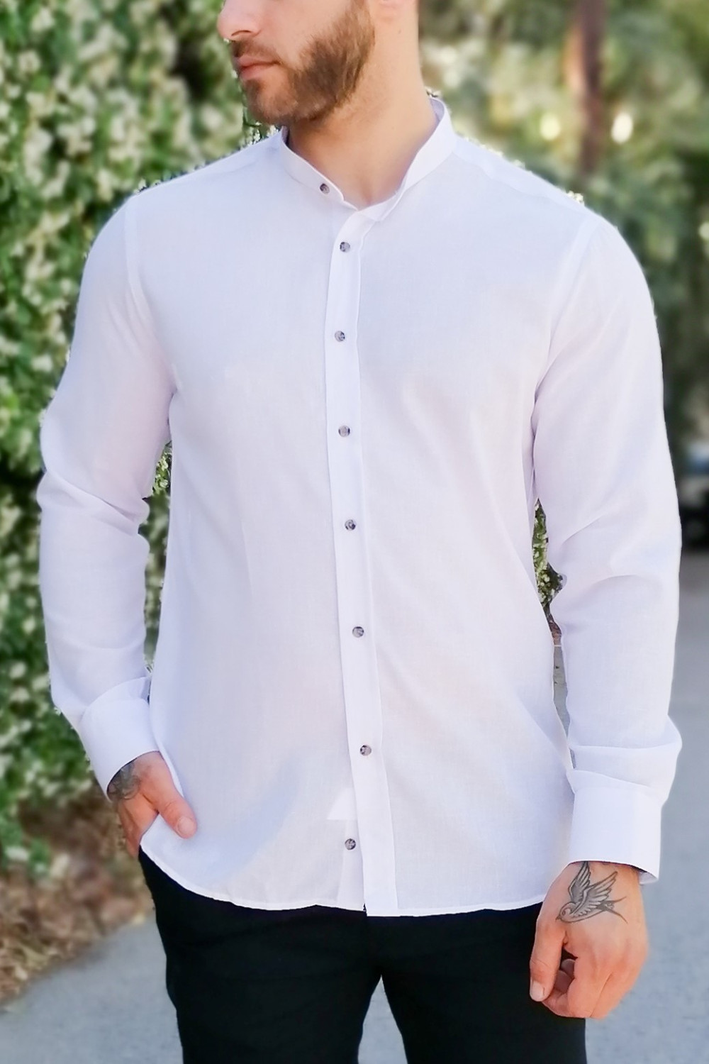Ανδρικό λευκό λινό πουκάμισο με μάο γιακά 313024B