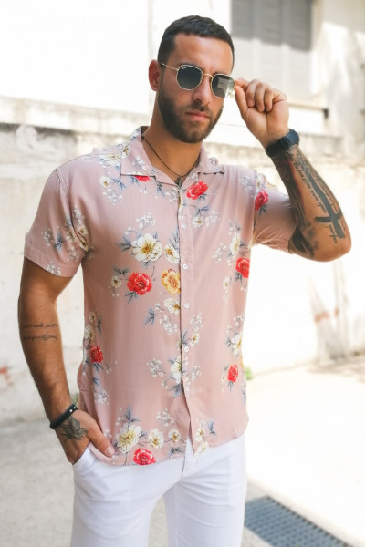 Ανδρικό ροζ φλοράλ κοντομάνικο πουκάμισο 202158