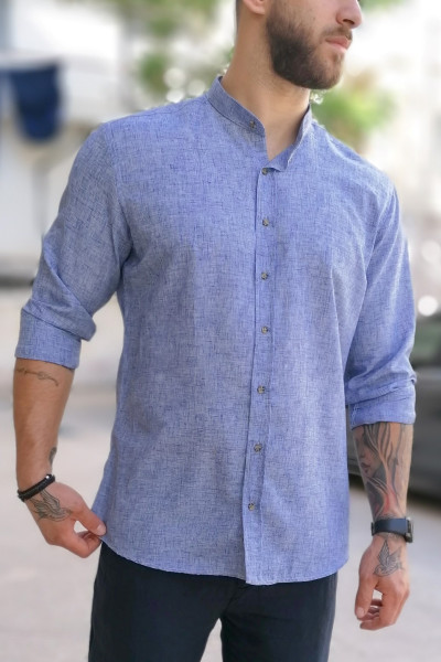 Ανδρικό γαλάζιο λινό πουκάμισο με μάο γιακά 313024A