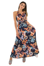 Γυναικείο μπλε floral φόρεμα maxi με δέσιμο 4930R