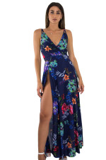 Γυναικείο μπλε floral φόρεμα maxi με ανοίγματα 4833