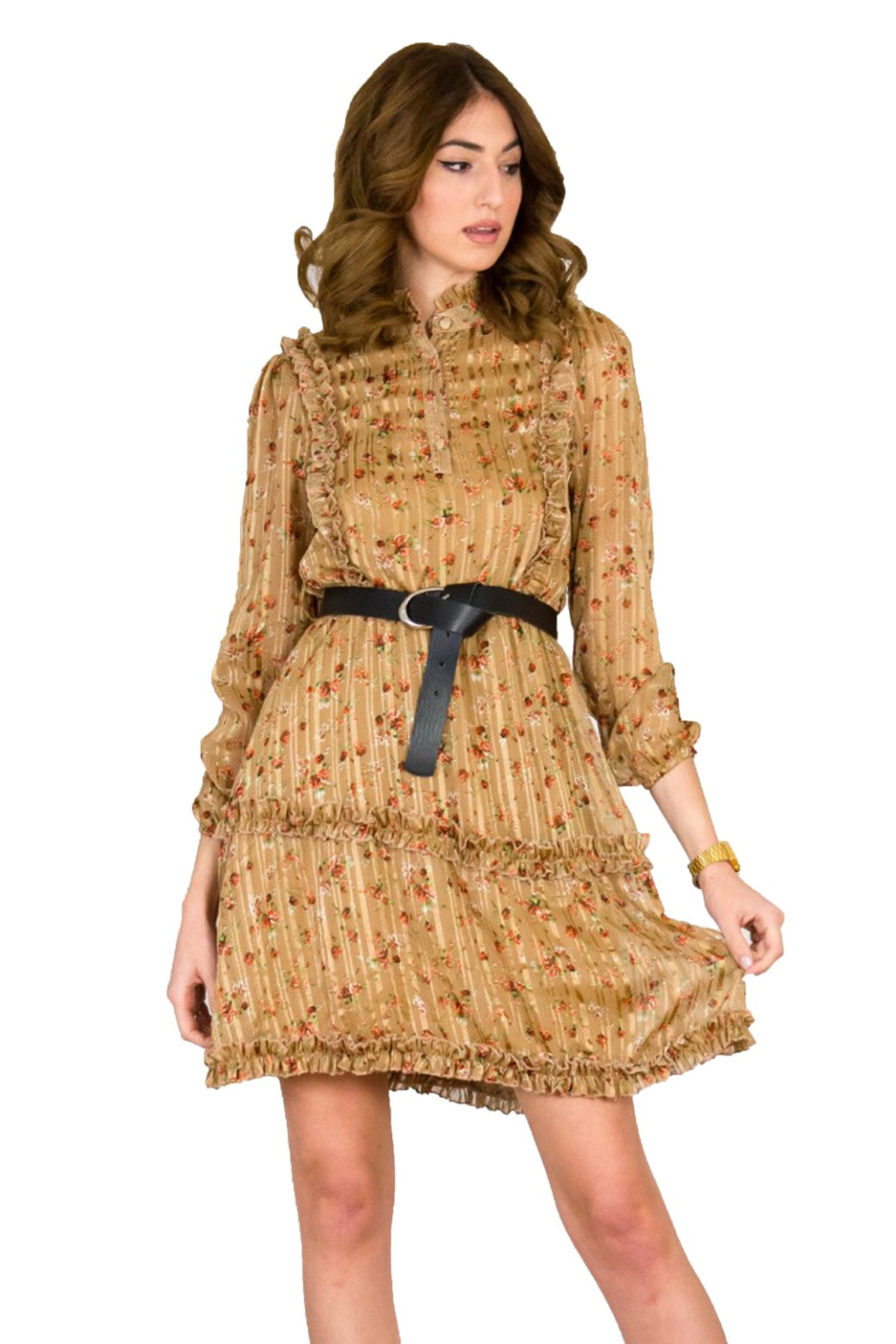 Γυναικείο κάμελ φλοράλ φόρεμα με ζώνη 134121
