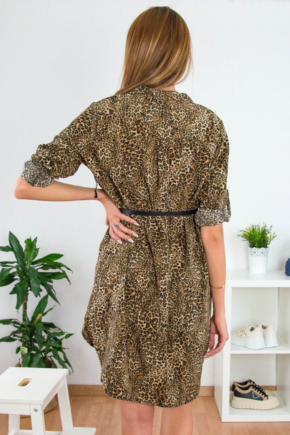 Γυναικείο ασύμμετρο animal print φόρεμα μαο γιακά 5398