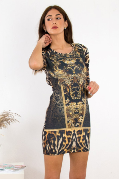 Γυναικείο μαύρο λεοπάρ εφαρμοστό κοντό φόρεμα 8290145